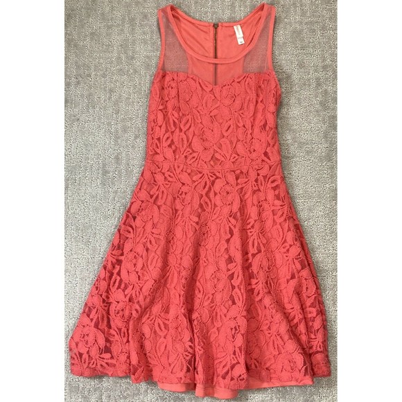 Lace Sheer Floral Mesh Dress Coral Pink Sz S A Line Skater Back Zipper I… - Picture 1 of 7